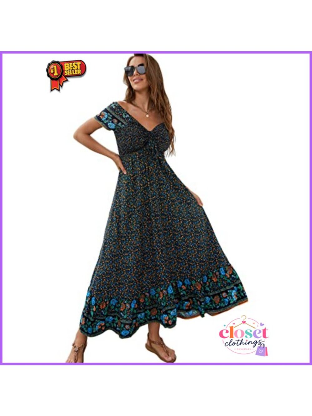 Floral Smocked Maxi Dress Short Sleeve Boho Beach Party